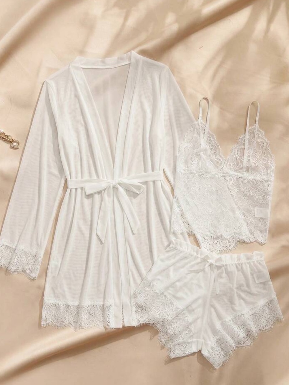 White Lace Trim 3-Piece Sleep Set - Women Intimates & Sleepwear